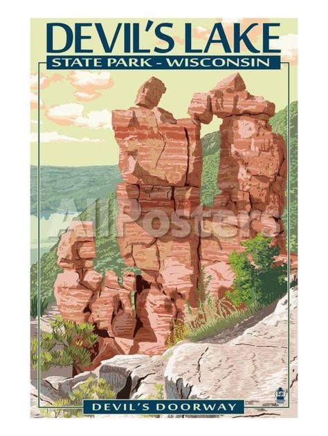 Devil's Lake State Park, Wisconsin - Devil's Doorway Travel Art Print - 46 x 61 cm Lake Tattoo, Wisconsin State Parks, Wood Postcard, Large Framed Prints, Retro Travel Poster, Lake Park, Months In A Year, State Park, Travel Posters