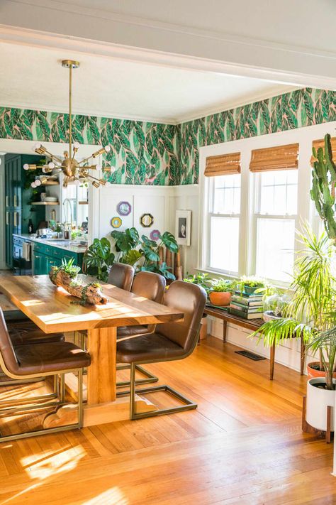 Jessica Brigham, Living Room And Kitchen Ideas, Cottage Eclectic, Bohemian Apartment, Bungalow Interior, Bohemian Glam, Seat At The Table, Green Kitchen Cabinets, The Enchanted Home