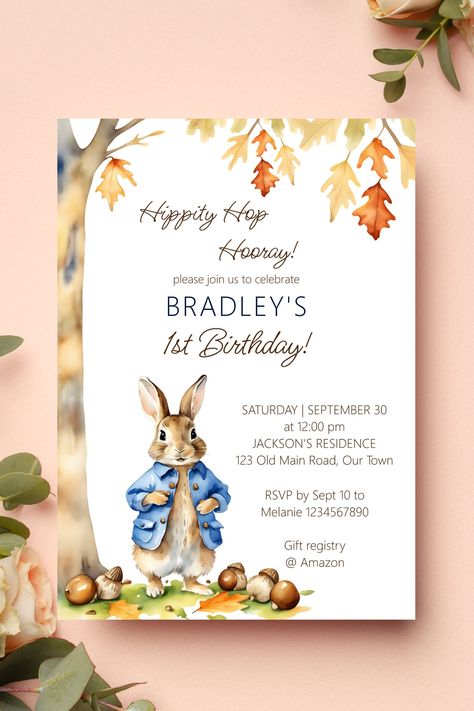 Peter rabbit birthday party template invitation digital download fall themed boys birthday template Fall Peter Rabbit Party, Peter Rabbit Invitations, Fall Themed Birthday Party, Fall Themed Birthday, Peter Rabbit Birthday Party, Rabbit Birthday Party, Birthday Party Template, Peter Rabbit Cake, Peter Rabbit Birthday