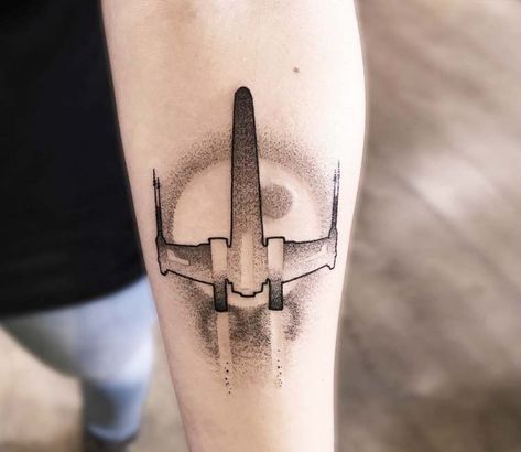 X wing tattoo by Matthew Larkin X Wing Tattoo, X Wing Fighter Tattoo, Star Wars Tattoo X Wing, Millenium Falcon Tattoo Minimalist, Star Wars Tattoo Millenium Falcon, Black And Grey Star Wars Tattoo, Left Arm Tattoos, Wing Tattoo Designs, Wing Tattoo