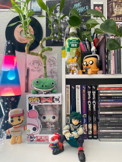 Room Aestethic Ideas, Door Bedroom Aesthetic, Book And Bed, Manga Shelf, Geek Room, Nerd Room, December 2nd, Otaku Room, Desk Inspo