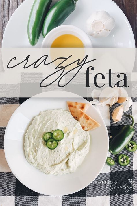 overhead picture of crazy feta and plate of ingredients: jalapeno, garlic, olive oil, feta, and cream cheese Crazy Feta Cava Recipe, Cava Restaurant Recipes, Cava Crazy Feta, Cava Recipe, Cava Copycat, Crazy Feta, Sunday Snacks, Spring Dinners, Mediterranean Cooking