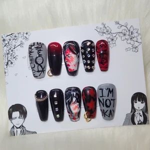 Mcr Nails Ideas, Skull Nail Ideas, Mcr Nails Acrylic, Radiohead Nails, My Chemical Romance Nails, Mcr Nails, Makeup Prompts, Emo Nails, Band Nails