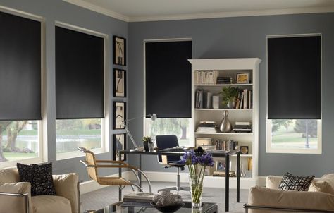 Mixing dark and light grays for an elegant living room. Blackout Roller Shades, Modern Window Treatments, Modern Blinds, Living Room Blinds, Bedroom Blinds, Shade Store, Blinds Design, House Blinds, Custom Blinds