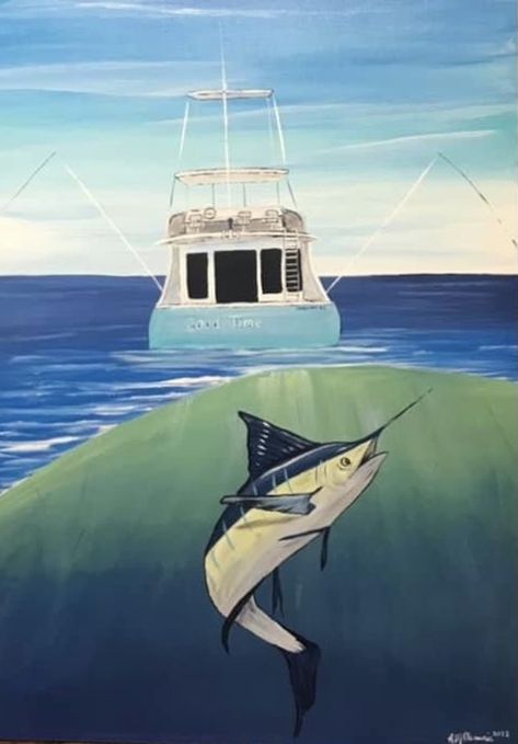 Fishing Paintings Easy, Marlin Painting, Marlin Painting Fish Art, Fisherman Painting Acrylics, Dollar Painting, Fishing Boat Painting, Fishing Painting, Fly Fishing Acrylic Painting, Marlin Fishing