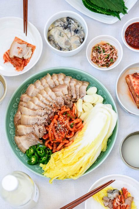 Bossam (Boiled Pork Wraps) Bossam Korean Pork Belly, Bossam Korean, Korean Pork Belly, Korean Bapsang, Cabbage Wraps, Recipe Korean, Pork Wraps, Korean Pork, Fermented Kimchi