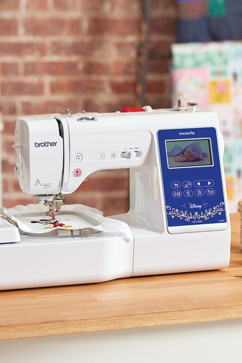 Our #NS1750D Disney Sewing and Embroidery machine is the go-to for new embroiderers! With 125 embroidery designs already built in, you can easily upload any of your own custom designs via our built-in USB port. Edit letters, resize, rotate and reposition your designs right on the 3.2" color LCD touch screen display. Check out the many other reasons why our NS1750D is a fan fave! #DisneyDIY #SewingRoom #EmbroideryDesigns #EmbroideryMachine #BrotherSews #BrotherAtYourSide Disney Embroidery Designs, Disney Sewing, Brother Sewing Machine, Best Embroidery Machine, Sewing And Embroidery, Brother Embroidery Machine, Brother Sewing Machines, Disney Embroidery, Brother Embroidery