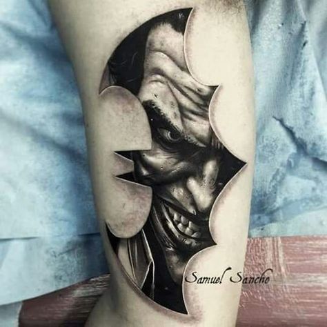 Bad ass Batman tattoo Batman And Joker Tattoo, Batman Joker Tattoo, Batman Logo Tattoo, Tato Joker, Batman Tattoos, Shen Long Tattoo, Comic Book Tattoo, Harley Tattoos, Joker Tattoo Design