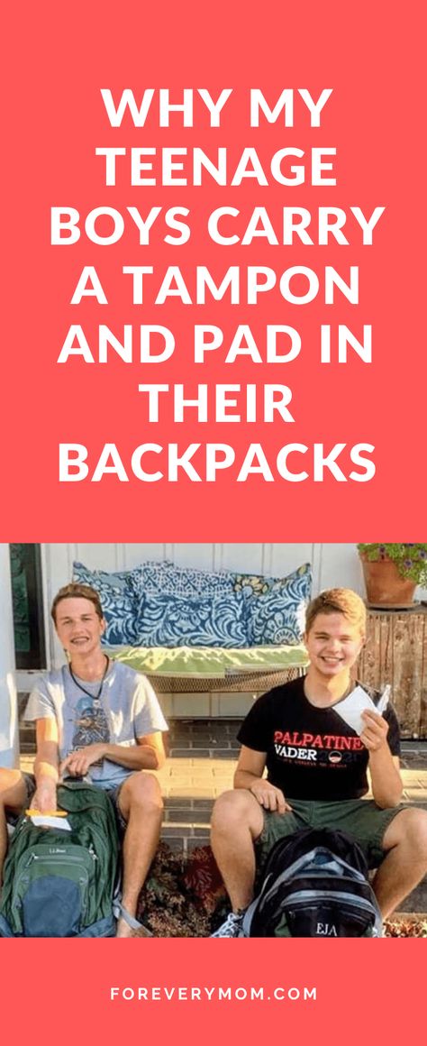 Both boys carry a tampon and a pad in their backpacks in case one of their friends needs one. Just a mom out here, trying to erase gender taboo! #Tampon #Pads #Kotex #Playtex #Menstruation #Periods #PeriodSupplies #taboo #bleedthroughs #period #TeenageBoys #Parenting #RaisingBoys #BoyMom How To Open A Pad Quietly, Period Talk With Boyfriend, Guys Being Sweet About Periods, Period Comfort Imagines, Guys And Periods, Period Tips For School, How To Use A Tampon, How To Put A Tampon In Step By Step, How To Tell Your Mom You Got Your Period