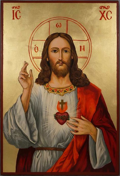 Hand-Painted Roman Catholic Icon of Jesus Christ Sacred Heart Large Religious Wallpaper, Catholic Artwork, Orthodox Christian Icons, Jesus Photo, Catholic Images, Jesus Painting, Jesus Christ Images, San Francesco, Heart Of Jesus