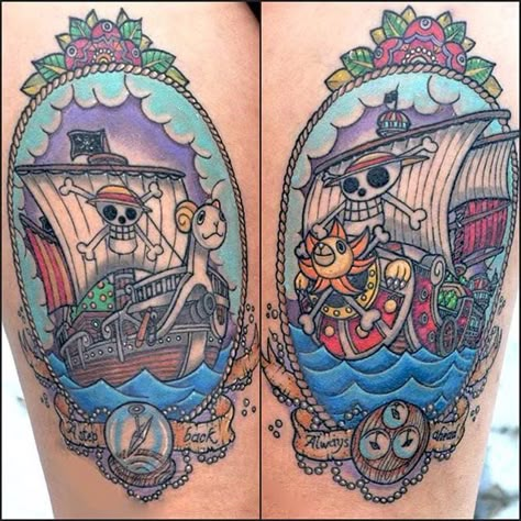 by Ester Mazzucchelli One Piece Sunny Tattoo, One Piece Ship Tattoo, Thousand Sunny Tattoo, Going Merry Tattoo, One Piece Pirate Ship, Tattoo American Traditional, One Piece Tattoo, Circus Tattoo, Going Merry