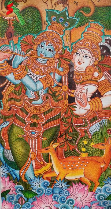 Kerala Mural Art, Lord Krishna Radha, Deities Art, Mural Art Design, Kalamkari Designs, Mural Paintings, Lotus Flower Art, Kerala Mural Painting, Portraiture Painting