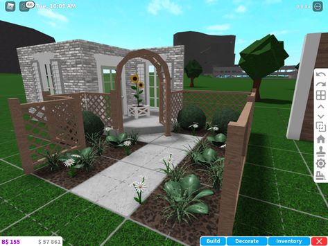 Blocksburg Front Yard Ideas, Aesthetic Front Yard Bloxburg, Roblox Bloxburg Front Porch Ideas, Bloxburg Front Garden Ideas, Front Yard Ideas Bloxburg, Bloxburg Front Garden, Bloxburg Garden Ideas Front Yard, Bloxburg Porch Ideas, Bloxburg Front Yard