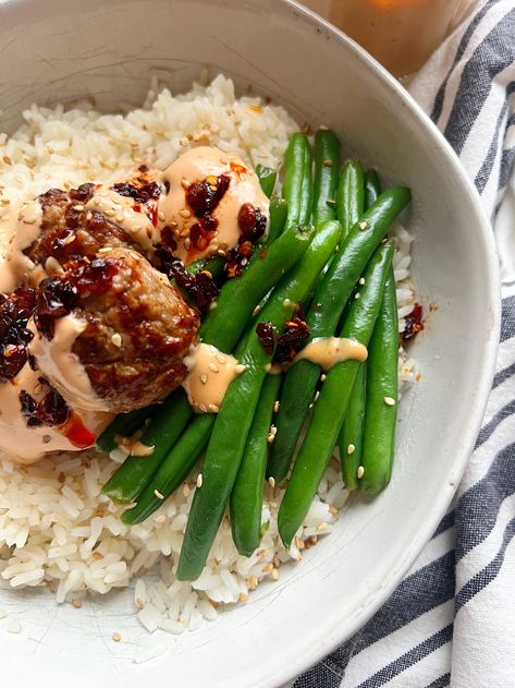 Firecracker Meatballs with Coconut Rice and Green Beans — The Salt And Stone Meatballs Green Beans, Couple Meals, Firecracker Meatballs, Hello Fresh Dinners, Rice And Green Beans, Salt And Stone, Fresh Dinners, Firecracker Sauce, Fresh Green Beans