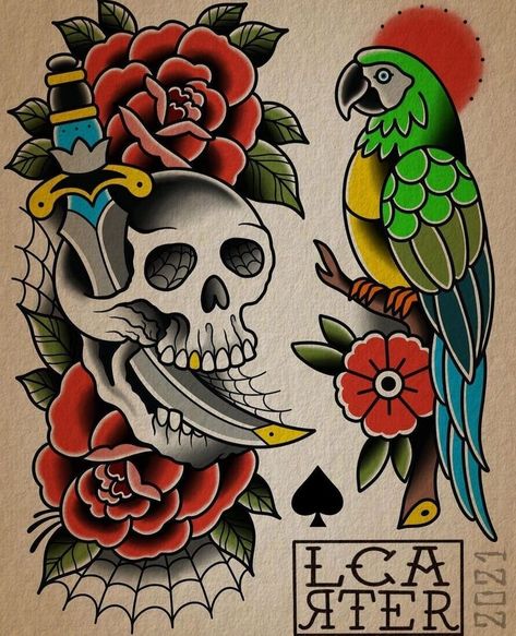 Old School Parrot Tattoo, Parrot Traditional Tattoo, Pirate Parrot Tattoo, Parrot Tattoo Design, American Traditional Animal Tattoo, Traditional Skulls, Japanese Demon Tattoo, Traditional Tattoo Outline, Cover Up Tattoos For Men