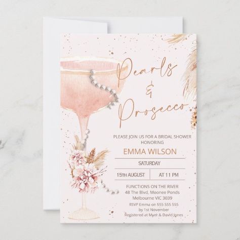 Boho Floral Pearls Prosecco Bridal Shower Invitation Bridal Shower Brunch Invitations, Rose Gold Bride, Boho Bridal Shower Invitations, Brunch Bubbly, Champagne Brunch, Bridal Brunch Invitations, 40th Birthday Invitations, Boho Bridal Shower, Gold Bridal Showers