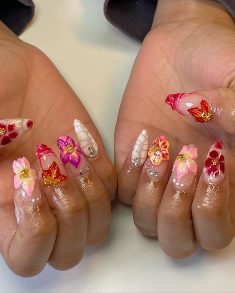 Island girll 🌺🪇🌴💃🏼 #nails #nailart #abstractnails #flowernails #3dflowernails #asthetics #astheticnails #bossgirl #girlynails #summernails #fyp #trending #art #explore #explorepage #nailsofinstagram #nailsoftheday #nailsnailsnails #nailtech #london #londonnails #londonnailtech #eastlondon #eastlondonnails #eastlondonnailtech #acrylic Color For Nails, 3d Flower Nails, Nail Designs Tutorial, Drip Nails, Summery Nails, Cute Acrylic Nail Designs, Classy Acrylic Nails, Long Acrylic Nails Coffin, Trending Art