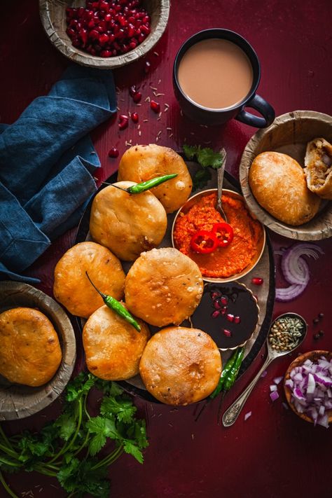 Rajasthani Pyaz Ki Kachori - Sinfully Spicy Spiced Lentils, Rajasthani Food, Homemade Flour, Garlic Chutney, Vegetarian Fast Food, India Food, Tea Time Snacks, Evening Snacks, Indian Snacks