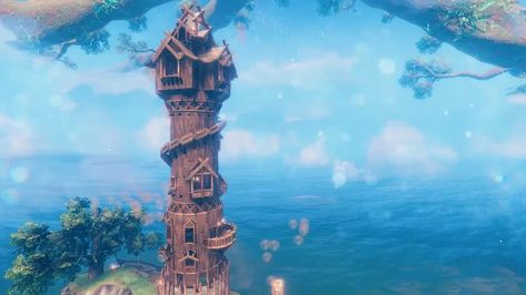 Valheim Tower Build, Valheim Watch Tower, Valheim Tower, Valhiem Ideas, Valheim Castle, Wizards Tower, Viking Architecture, Valheim Builds, Ark Ideas