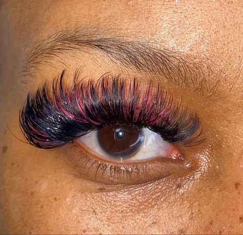 Volume Lashes With Pink, Peekaboo Lash Extensions, Black And Pink Lash Extensions, Pink And Black Lashes, Red And Black Lashes, Lashes With Pink In Them, Lash Extensions With Pink, Pink Lash Extensions, Black Lash Extensions