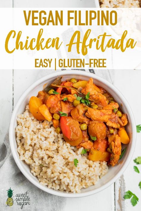 A veganized version of a popular Filipino dish made from vegan chicken stewed with tomato sauce and vegetables. It is packed with flavor, SO easy to make, and naturally gluten-free! Plus it tastes just like the classic dish, only vegan. #vegan #filipino #sweetsimplevegan #afritada #stew #mealprep #glutenfree #kids #lunch #dinner #entree #tomatostew #veganchicken #souycurls #easy #closeup Chicken Afritada, Vegan Filipino, Savoury Treats, Vegan Meat Substitutes, Filipino Dish, Vegan Beef, Soy Curls, Filipino Foods, Vegan Rice