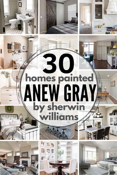 Is Sherwin Williams Anew Gray your perfect Greige paint color? See it in 30 real homes so you can decide for yourself! We'll break down the color, explore the undertones and more in this in-depth paint exploration! Anew Gray Sherwin Williams Color Palette, Sherwin Williams Anew Gray, Sherwin Williams Greige, Anew Gray Sherwin Williams, Sherwin Williams Agreeable Gray, Greige Paint Color, Perfect Grey Paint Color, Perfect Greige, Greige Walls