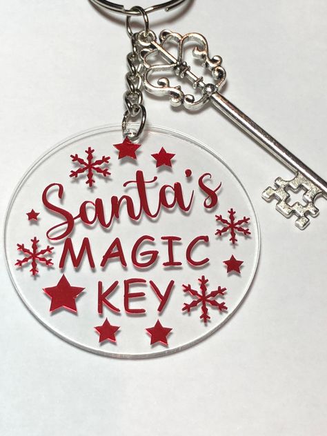 Santa's Magic Key Acrylic Keyring With Silver Colour Key Perfect For Christmas Eve  Choose Your Colours And Key Style  Will Be Packaged On A Display Card And In a Cello Bag. Christmas Keychains Diy, Christmas Cricut Gifts, Cricut Santa Key, Christmas Keyrings, Santa’s Magic Key, Santa’s Magic Key Sign, Santa Magic Key, Santas Magic Key, Santa's Key