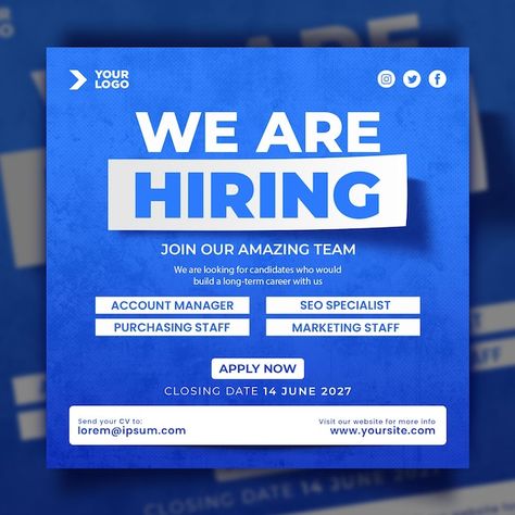 PSD we are hiring job vacancy social med... | Premium Psd #Freepik #psd Webinar Ideas, Webinar Design, Tourism Design, Hiring Poster, Job Poster, Ads Creative Advertising Ideas, Recruitment Poster, Social Media Post Template, Job Vacancy