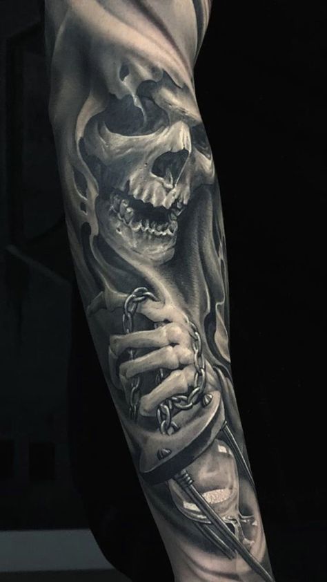 Reaper Motorcycle Tattoo, Grim Reaper Tattoos, Evil Skull Tattoo, Grim Reaper Tattoo, Hourglass Tattoo, Reaper Tattoo, Skull Sleeve Tattoos, Skull Sleeve, Realistic Tattoo Sleeve