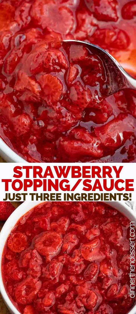 Strawberry Topping is a sweet and indulgent strawberry sauce made from strawberries, sugar, and vanilla, ready in just 20 minutes! #strawberry #dessert #sauce #icecream #forcheesecake #forpancakes #dinnerthendessert Sugared Strawberries Topping, Strawberry Shortcake Sauce Recipes, Strawberry Sauce Recipes, Strawberry Syrup From Strawberry Tops, Strawberry Dipping Sauce, Homemade Strawberry Topping For Cheesecake, Sauces For Desserts, Recipes That Use Strawberries, Thawed Frozen Strawberry Recipes