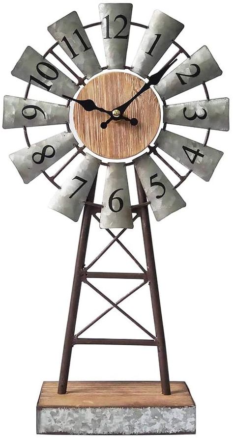 MODE HOME Galvanized Windmill Table Clock on Stand Vintage Desk Clock Decorative Farmhouse Kitchen Clock Mantle Clock Windmill Clock, Vintage Saat, Farmhouse Shelves Decor, Galvanized Decor, Farmhouse Clocks, Windmill Decor, Metal Windmill, Farmhouse Table Decor, Kitchen Clock