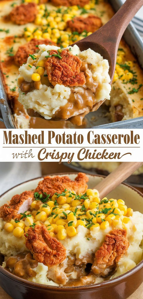 Comfort food at its finest! Mashed Potato Casserole with Crispy Chicken combines creamy mashed potatoes, crispy chicken, and a cheesy topping for a deliciously easy dinner. Mashed Potato Casserole With Chicken, Chicken Mashed Potato Casserole, Cheap Chicken Breast Recipes, Chicken Over Mashed Potatoes, Potatoes Crispy, Chicken Croquettes, Creamy Potatoes, Chicken Mashed Potatoes, Mashed Potato Casserole