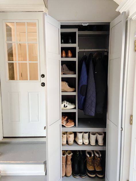 mudroom storage Closet To Mudroom Convert, Closet To Mudroom, Mudroom Storage, Mudroom Closet, Dream Closet Design, Mud Room Storage, Coat Closet, Closet Design, House Inspiration