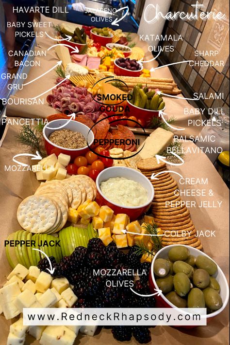 A charcuterie board that has several meats, cheeses, fruits, veggies and crackers all labeled on a easy DIY board made for sheet pans and packing paper. Charcuterie Simple, Build A Charcuterie Board, Diy Charcuterie Board, Make A Charcuterie Board, Charcuterie Board Diy, Meat And Cheese Tray, Charcuterie Board Meats, Colby Jack, A Charcuterie Board