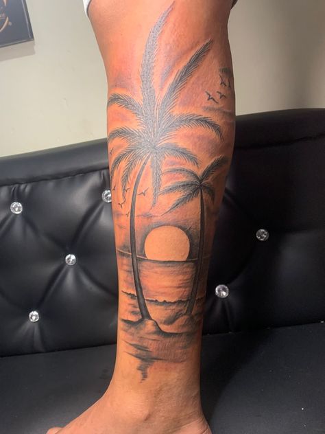 Palm Tree Silhouette Tattoo, One Of One Tattoo Men, Palm Tree Back Tattoo, Be Like Water Tattoo, Calf Tattoo Men Ideas Design, Barbados Tattoo, Florida Tattoo Ideas For Men, Jamaica Tattoo Ideas, Miami Tattoo Ideas