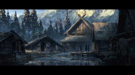 Viking Village, Imad Awan on ArtStation at https://www.artstation.com/artwork/KaxBmG Norse Landscape, Norse Village, Village Concept Art, Casa Viking, Viking Village, Ancient Tools, Medieval Village, Medieval World, Matte Painting