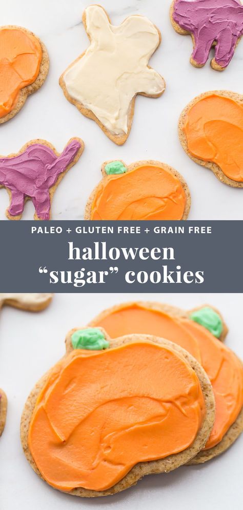 These paleo Halloween cookies are almost too cute to handle. Tender and soft with a paleo buttercream-style frosting, these paleo Halloween cookies are a must for this holiday! Whether you cut them into pumpkins, ghosts, or bats (or maybe zombies, anyone?), these paleo Halloween cookies are a healthier way to enjoy the classic holiday treat. No tricks here! #halloween #healthybaking Refined Sugar Free Cookies, Paleo Halloween Treats, Paleo Halloween Recipes, Paleo Halloween, Paleo Fall Recipes, Paleo Deserts, Gf Snacks, Gluten Free Halloween, Too Cute To Handle