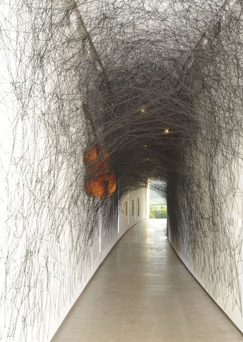 "State of Being" installation by Chiharu SHIOTA, Japan - double bass, violin, and black wool Chiharu Shiota, State Of Being, Kunst Inspiration, Double Bass, Sculpture Installation, Land Art, Public Art, Art Plastique, Exhibition Design