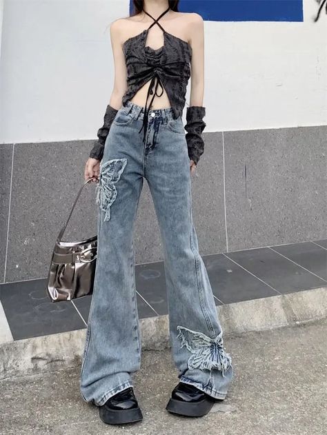 21.27US $ 40% OFF|Y2K Pure Desire American Retro Niche Design Butterfly Embroidered Jeans Female 2023 New High Waist Slim Micro Flared Pants| |   - AliExpress 2000s Flare Jeans, Effortless Fall Outfits, Outfit Info, Denim Wide Leg Pants, Studio Choom, Streetwear Korean, Embroidery Denim, Wishlist 2024, High Street Fashion