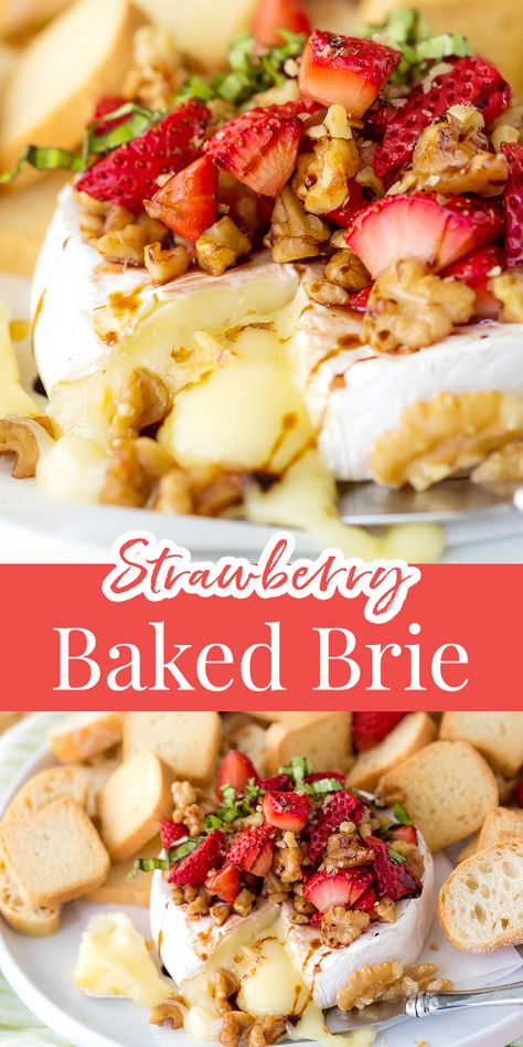 The easiest spring appetizer, LOVE this strawberry baked brie! Brie Cheese Recipes Strawberry, Brie And Strawberry Appetizer, Spring Brie Appetizer, Strawberry Brie Appetizer, Spring Baked Brie, Strawberry Balsamic Baked Brie, Easter Brie Appetizer, Strawberry Baked Brie, Strawberry Appetizer Recipes