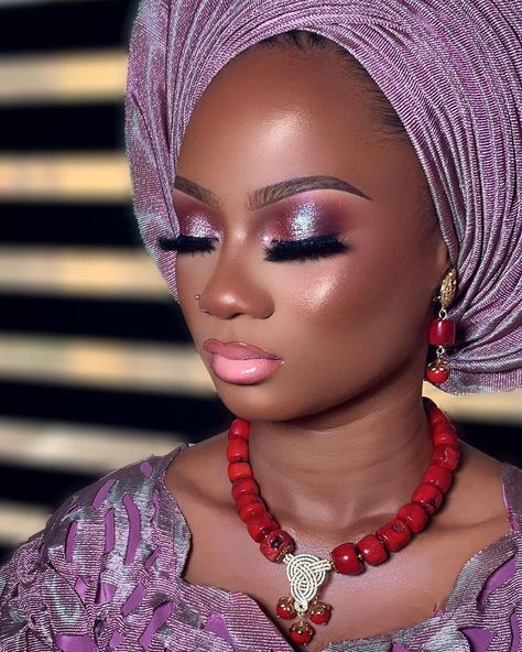 Purple Eye Look, Nigerian Gele, Naija Wedding, Ring Day, Glam Bride, Purple Makeup, Eye Look, Dark Skin Makeup, Purple Eyes