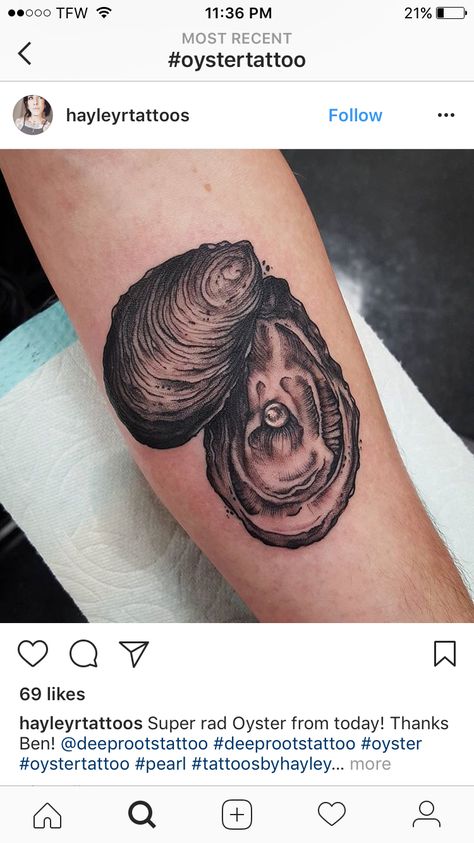 Oyster Oyster Shell With Pearl Tattoo, Oyster Tattoo Pearl, Oyster Pearl Tattoo, Oyster Shell Tattoo, Oysters Painting, Oyster Tattoo, Tattoo Collage, Just Breathe Tattoo, Maybe Tattoo