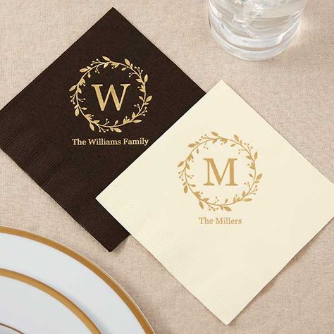 Personalized with any name and initial in a selected imprint colorPrinted on a choice of napkin colorThe graphic design and personalization will be printed in the same ink colorConstructed of a disposable 3-ply paperMeasures 5" w X 5" h  Serve up the party with our Monogram Laurels Personalized Cocktail Napkins. Keep plenty of these napkins stocked for any event! Easy Christmas Table, Christmas Table Design, Happy Holidays Wishes, Table Design Ideas, Personalized Cocktail Napkins, Christmas Card Messages, Personalization Mall, Linen Cocktail Napkins, Monogrammed Napkins