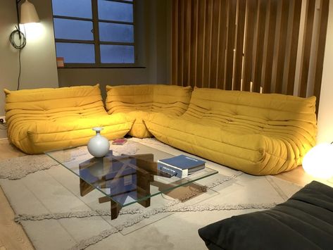 Totally in love with this yellow Togo sofa as seen at Heal's London Yellow Togo Sofa, Ligne Roset Togo, Gold Sofa, Togo Sofa, New Roads, Ligne Roset, Media Room, Beautiful Furniture, Modern Sofa