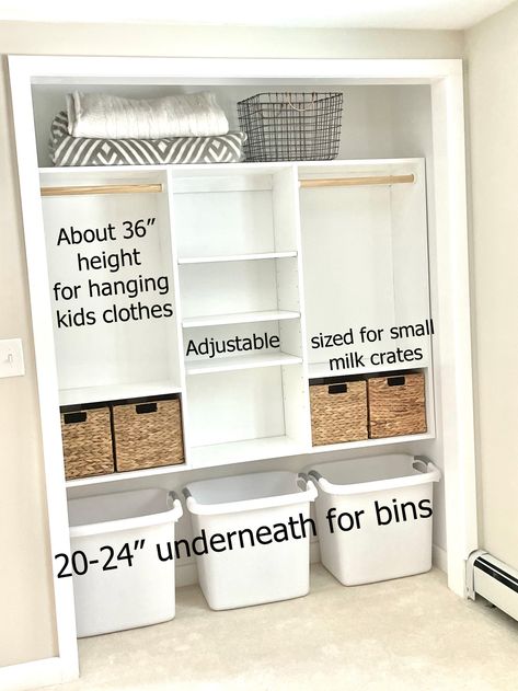 Double Wide Closet Ideas, Diy Nursery Closet Shelves, Lower Closet Storage, Shelves In Small Closet, Shared Nursery Closet, Clothes And Toys Closet, Master Closet Nursery, Kids Closet System Ideas, Book Shelf In Closet