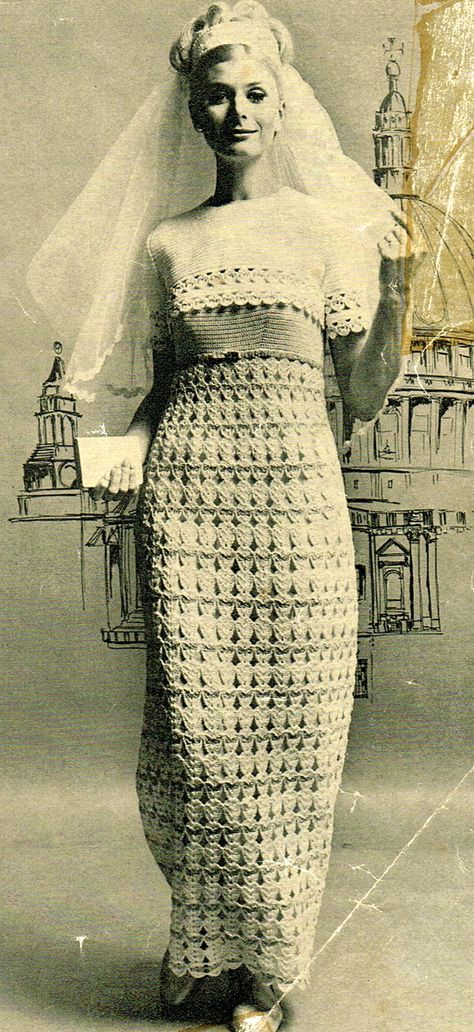 Crochet wedding dress Free Wedding Dress Patterns, Mod Wedding Dress, 1960s Crochet, 1960’s Dresses, Crochet Wedding Dress, Crochet Wedding Dress Pattern, Vintage Crochet Dresses, Crochet Wedding Dresses, Crocheted Dress