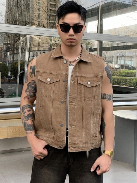 Khaki Casual Collar Sleeveless Denim Plain vest Embellished Non-Stretch  Men Clothing Khaki Outfit Men, Jean Vest Outfits, Gilet Outfit, Sleeveless Denim Jacket, Denim Outfit Men, Plain Vest, Jean Vest, Denim Jacket Men, Vest Outfits