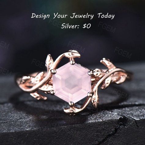 Engagement Ring Pink, Rose Quartz Ring Engagement, Attracting Love, Hexagon Engagement Ring, Crystal Engagement Rings, Quartz Engagement Ring, Leaf Engagement Ring, Cute Engagement Rings, Rose Quartz Ring