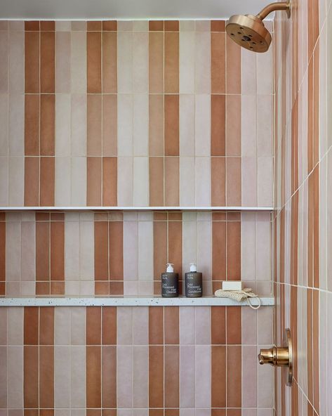 We love a tiled pattern in a shower- a fun way to add personality and charm! Shower Tile: Makoto 2.5x10 in Shoji White & Umi… | Instagram Shower Tile Patterns, Patterned Bathroom Tiles, Bedrosians Tile, Striped Tile, Shoji White, Tile Layout, Deco Bathroom, Floor Tile Design, Tile Inspiration