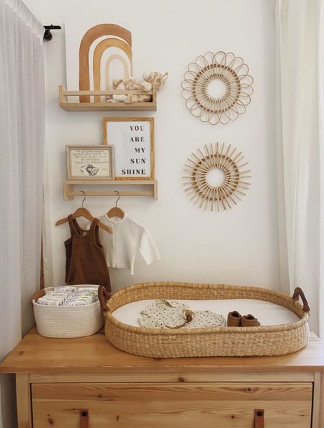 Boho Nursery Organization, Crib In Corner Of Nursery, Beige Baby Nursery, Baby Room Aesthetic, Nursery Ideas Boho, Ikea Storage Hacks, Boho Baby Room, Newborn Room, Ikea Nursery